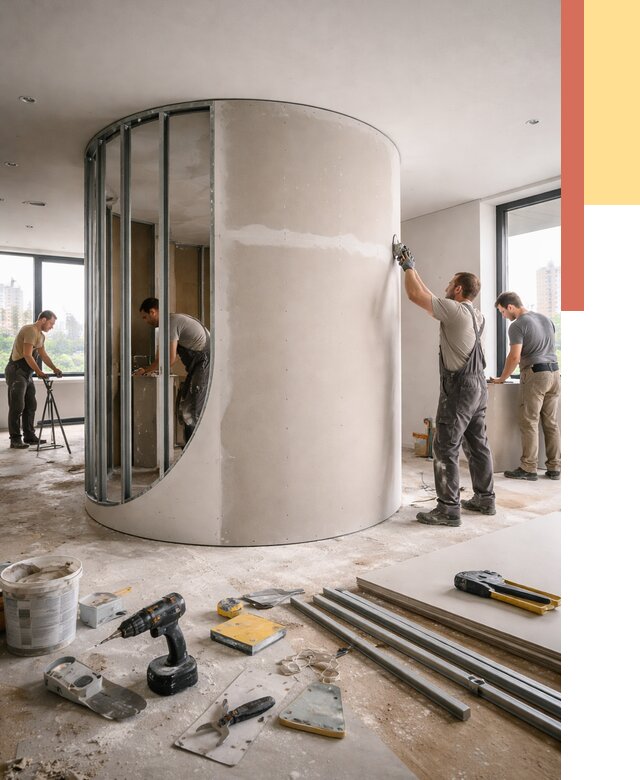 Радиусная перегородка из гипсокартона в лесном от 3015 руб. под ключ | ОТДЕЛОЧНИК-Лсн