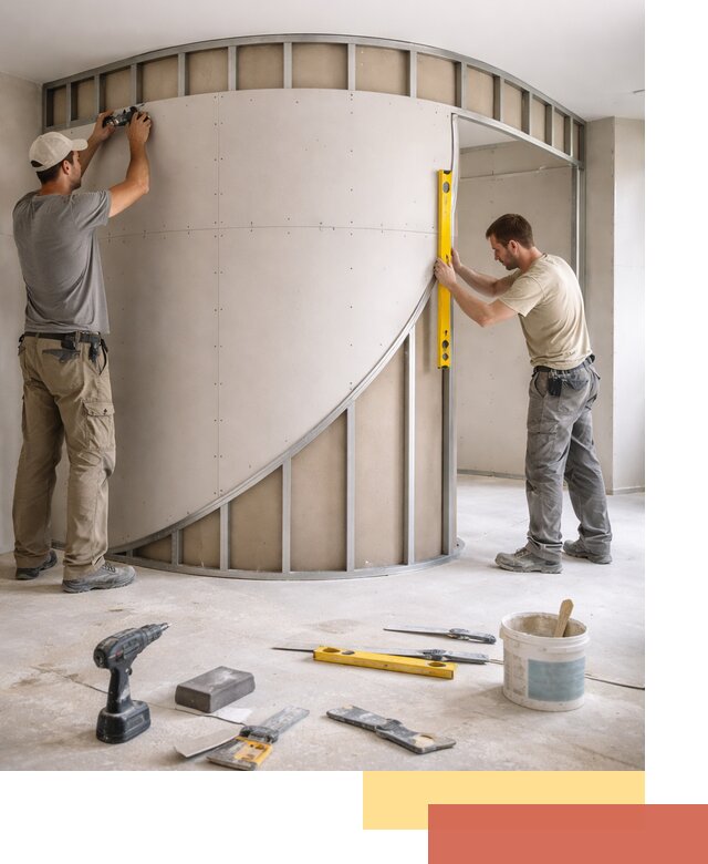 Радиусная перегородка из гипсокартона в лесном под ключ