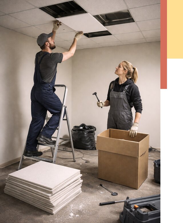 Демонтаж потолочной плитки в лесном от 4678 руб. быстро и недорого | ОТДЕЛОЧНИК-Лсн