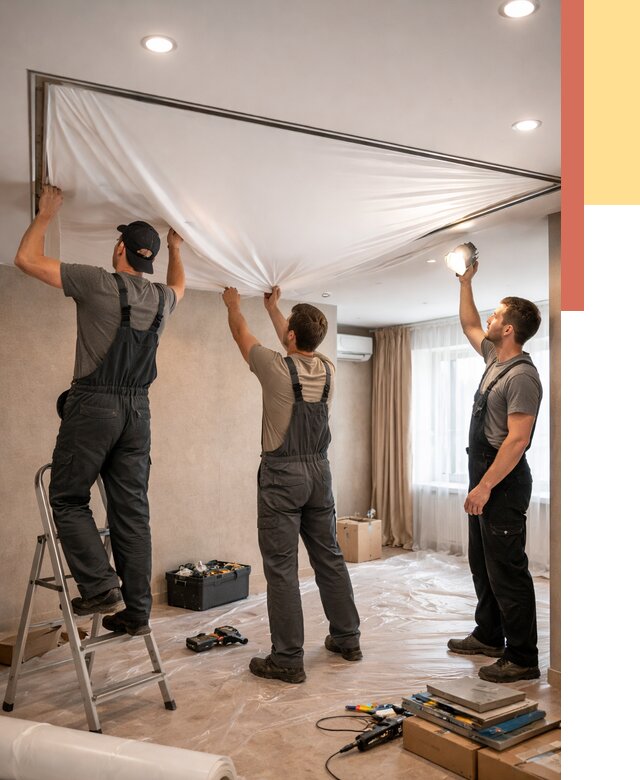 Монтаж ПВХ натяжного потолка в лесном от 3638 руб. под ключ | ОТДЕЛОЧНИК-Лсн