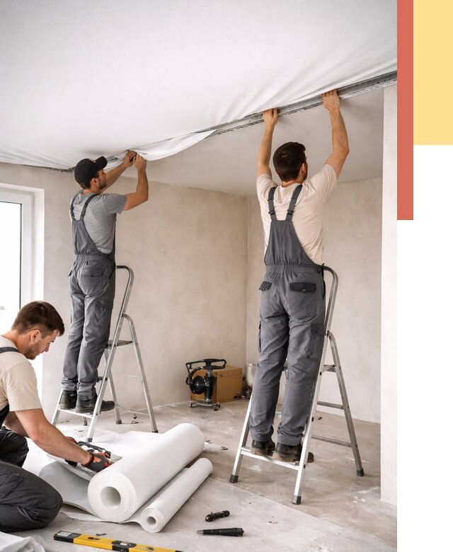 Монтаж тканевого натяжного потолка в лесном от 3638 руб. под ключ | ОТДЕЛОЧНИК-Лсн