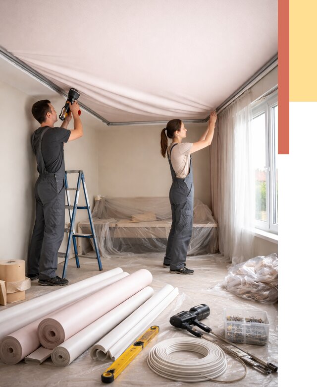 Монтаж цветного натяжного потолка в лесном от 4366 руб/м² — быстро и недорого | ОТДЕЛОЧНИК-Лсн