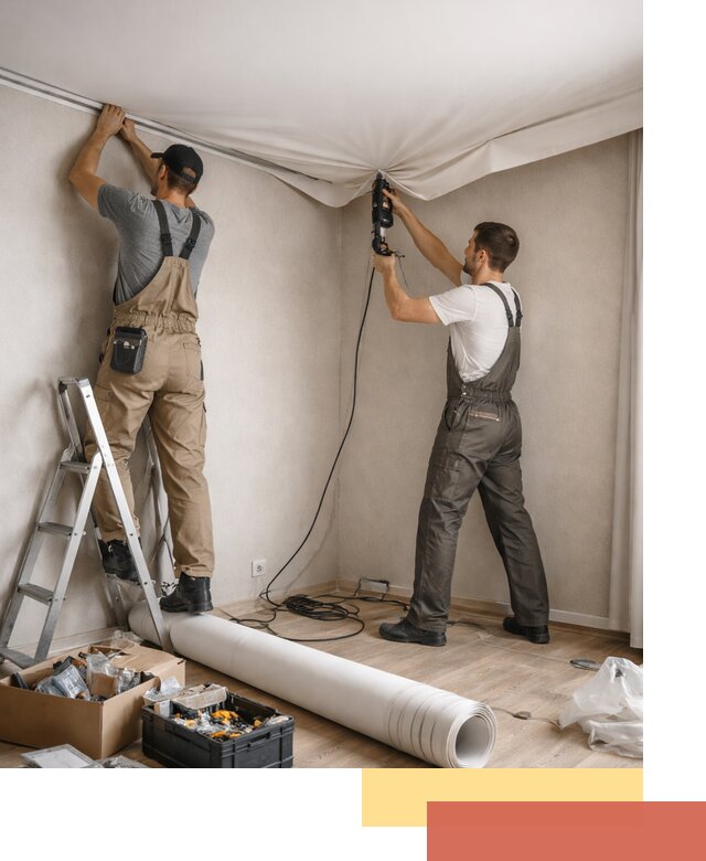 Монтаж цветного натяжного потолка в лесном за один день