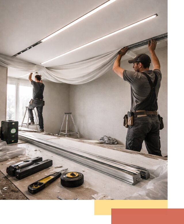 Монтаж натяжных потолков со световыми линиями в лесном