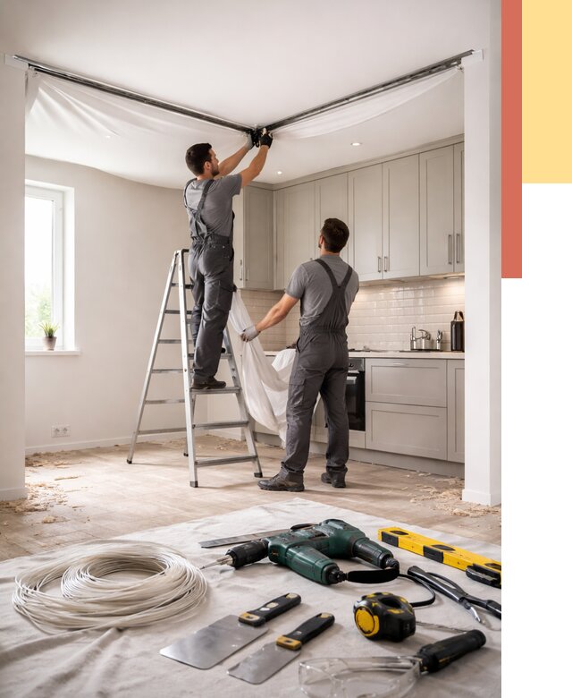 Установка натяжного потолка на кухне в лесном от 2495 руб. | ОТДЕЛОЧНИК-Лсн