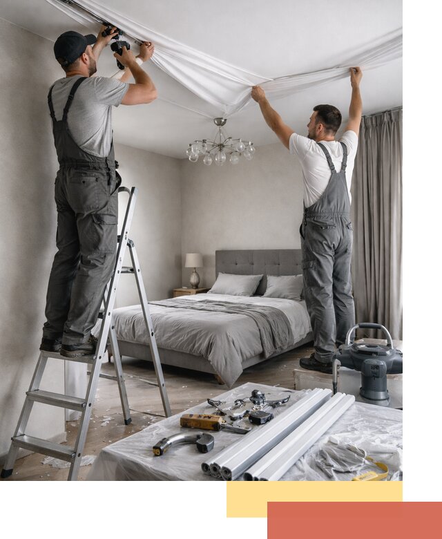 Монтаж натяжного потолка в спальне в лесном