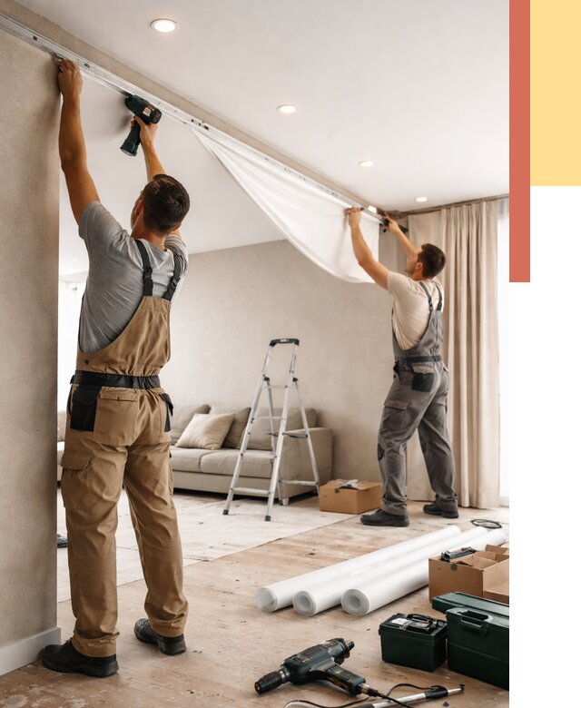 Монтаж натяжного потолка в гостиной в лесном от 572 руб. | ОТДЕЛОЧНИК-Лсн