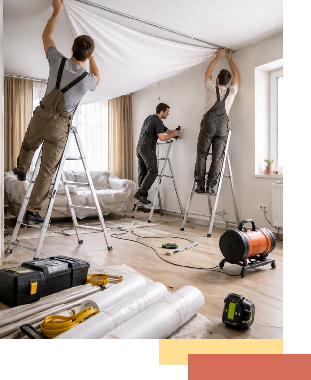 Монтаж натяжного потолка в гостиной в лесном