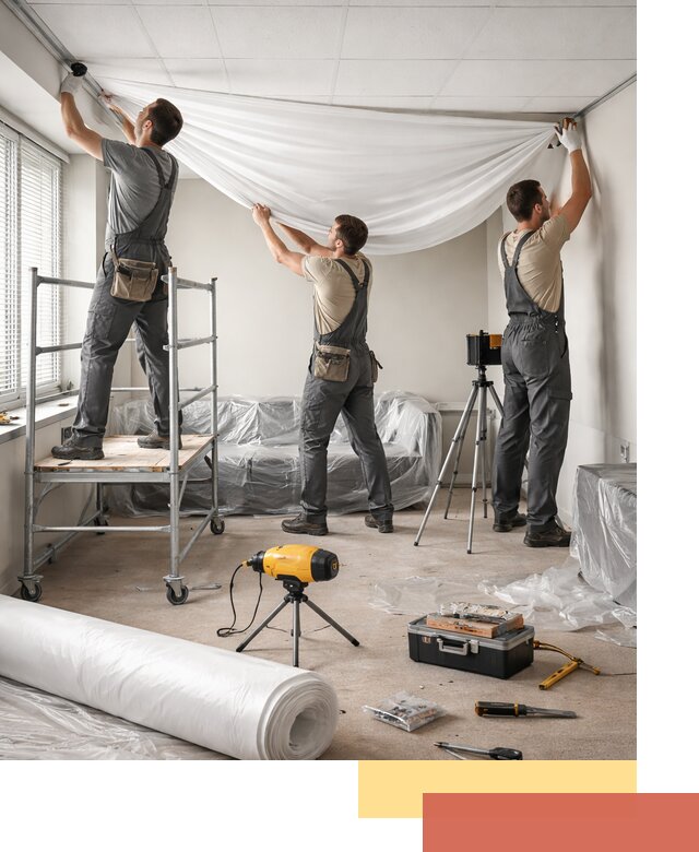 Монтаж натяжного потолка в офисе в лесном