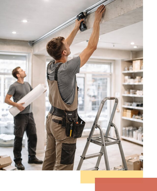 Монтаж натяжных потолков в магазине в лесном