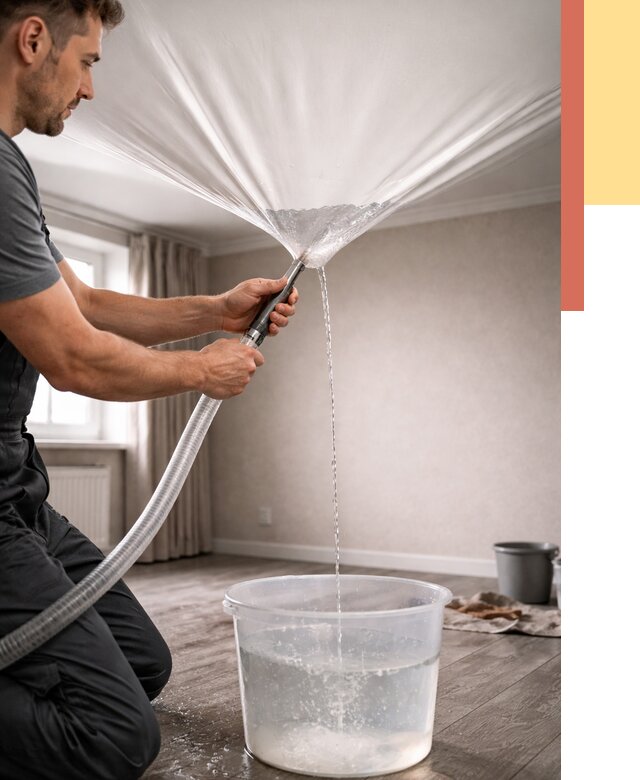 Слив воды с натяжного потолка в лесном от 2599 руб. быстро и недорого | ОТДЕЛОЧНИК-Лсн