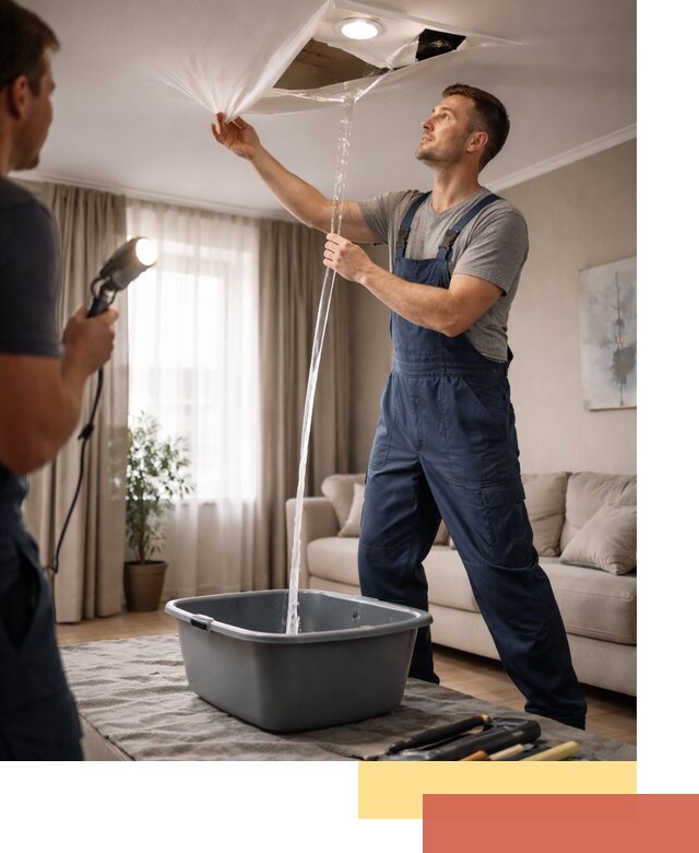 Слив воды с натяжного потолка в лесном быстро и аккуратно